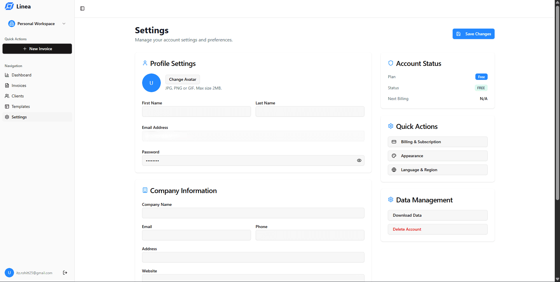 Settings page of Linea